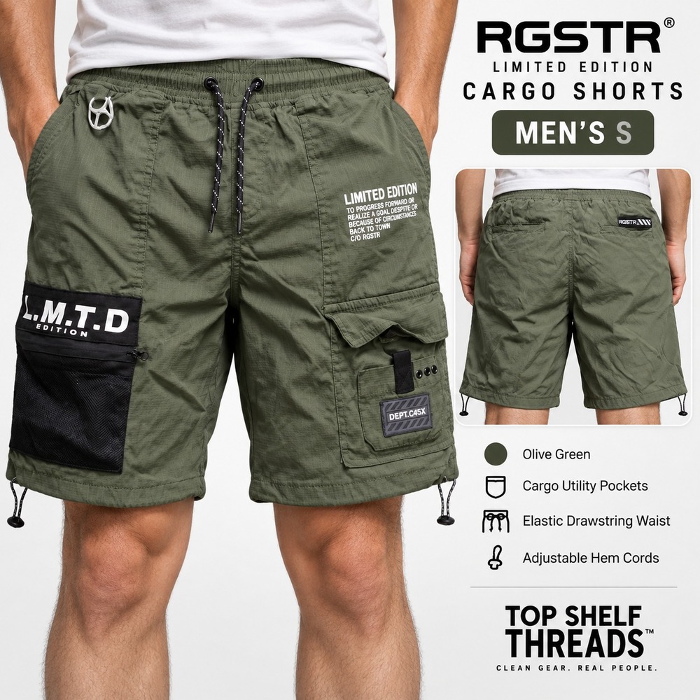 RGSTR Limited Edition Cargo Shorts Men S Olive Green Stretch Drawstring Techwear